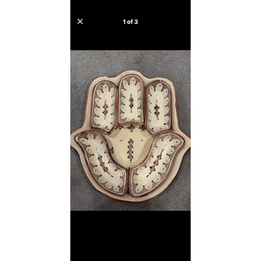 Handmade Moroccan Ceramic Hamsa Serving Set 6 Piece App Platter Cream Brown